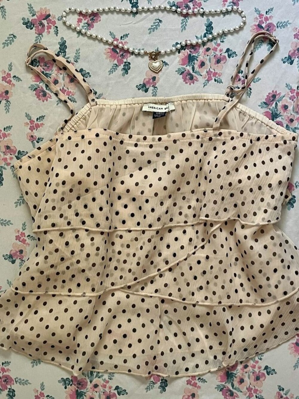 (NWT) American Eagle Creamy Pink & Black Polka Dot Layered Top